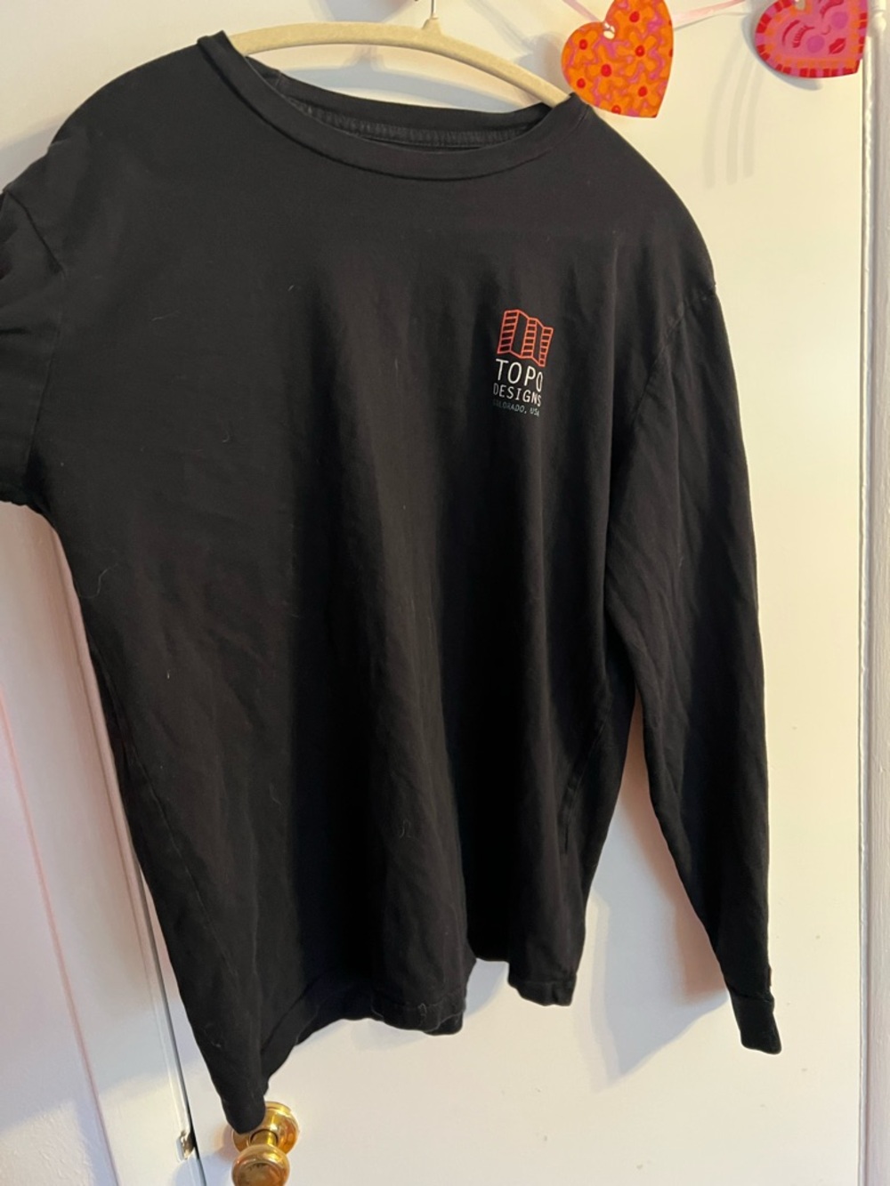 Topo Designs Black Long Sleeve Tee with Red Logo
